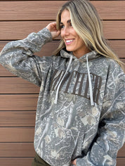 Hoodie in camo with puff print 'mother' on chest, shown on model – Little Mama Shirt Shop