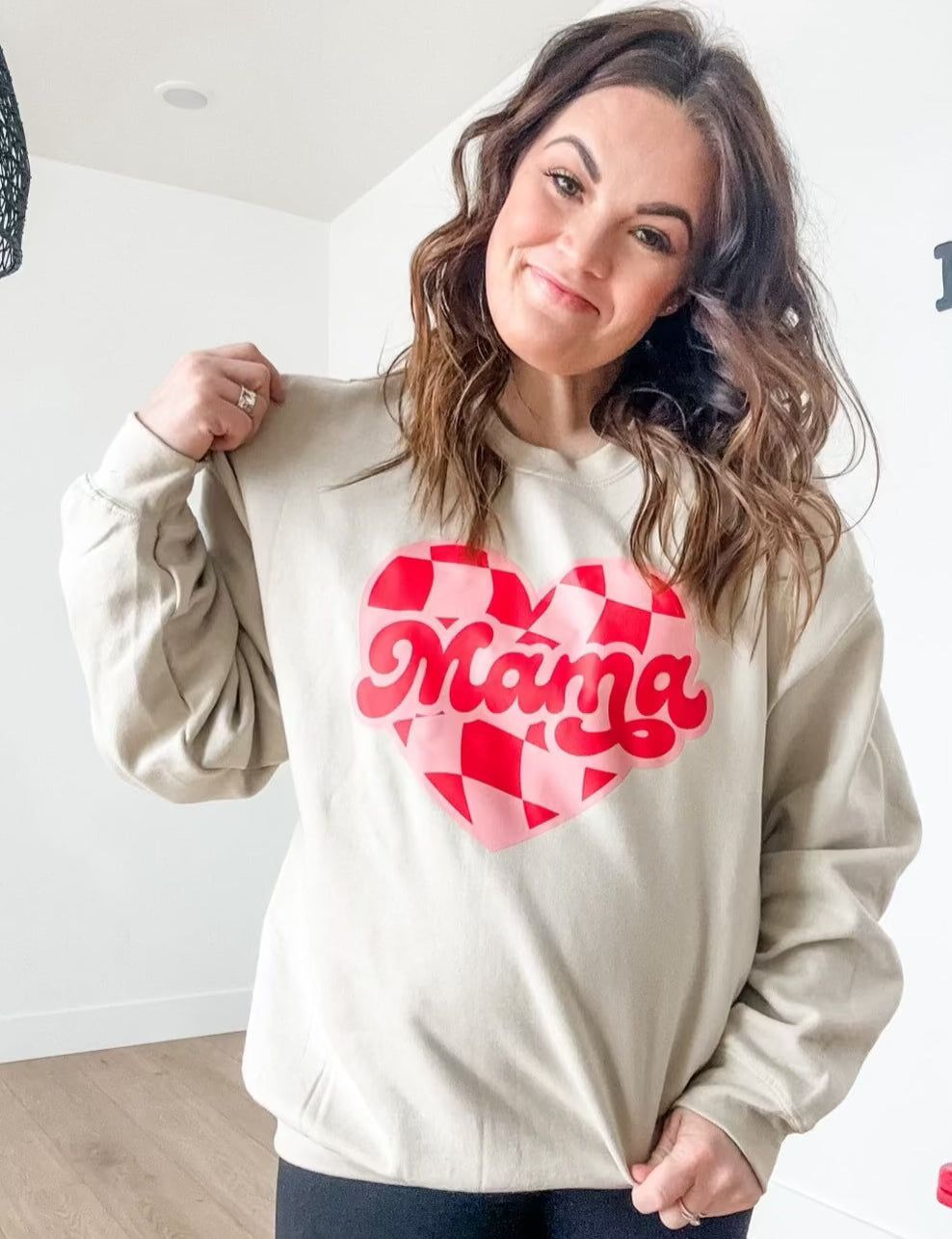 Mama - Pink & Red Checker Heart - BASIC Fleece Little Mama Shirt Shop LLC