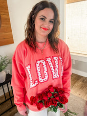 Adult mock neck in pink with "LOVE" heart design on front, shown on model – Little Mama Shirt Shop