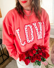 Adult mock neck in pink with "LOVE" heart design on front, shown on model – Little Mama Shirt Shop