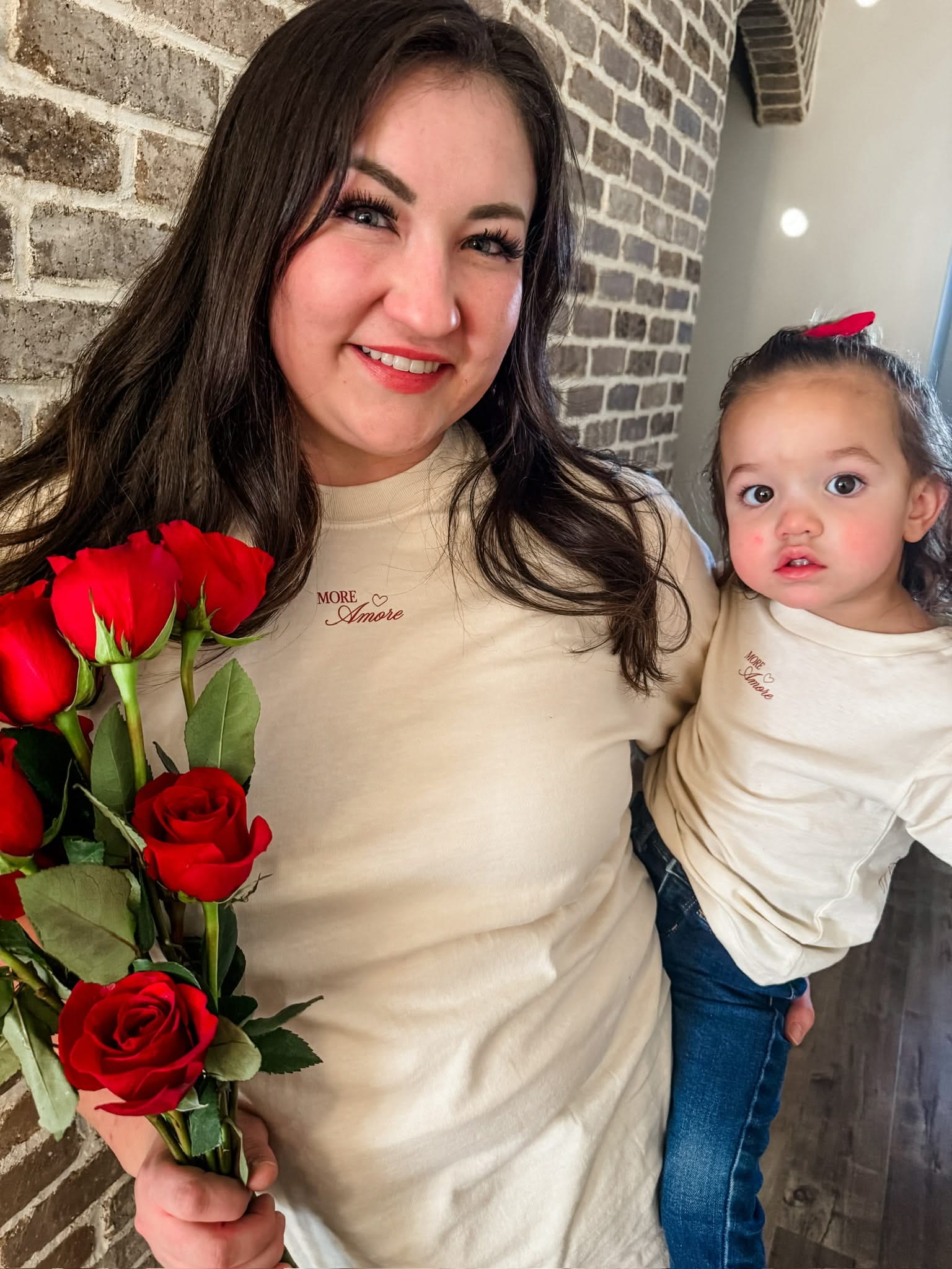Adult and child tee in ivory with "More Amore" print on front, shown on model – Little Mama Shirt Shop
