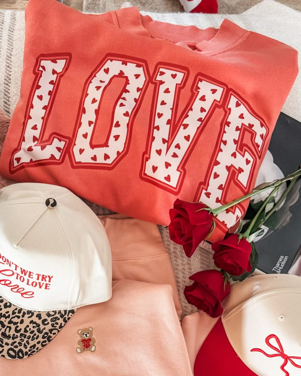 Adult mock neck in pink with "LOVE" heart design on front, shown on flat lay – Little Mama Shirt Shop