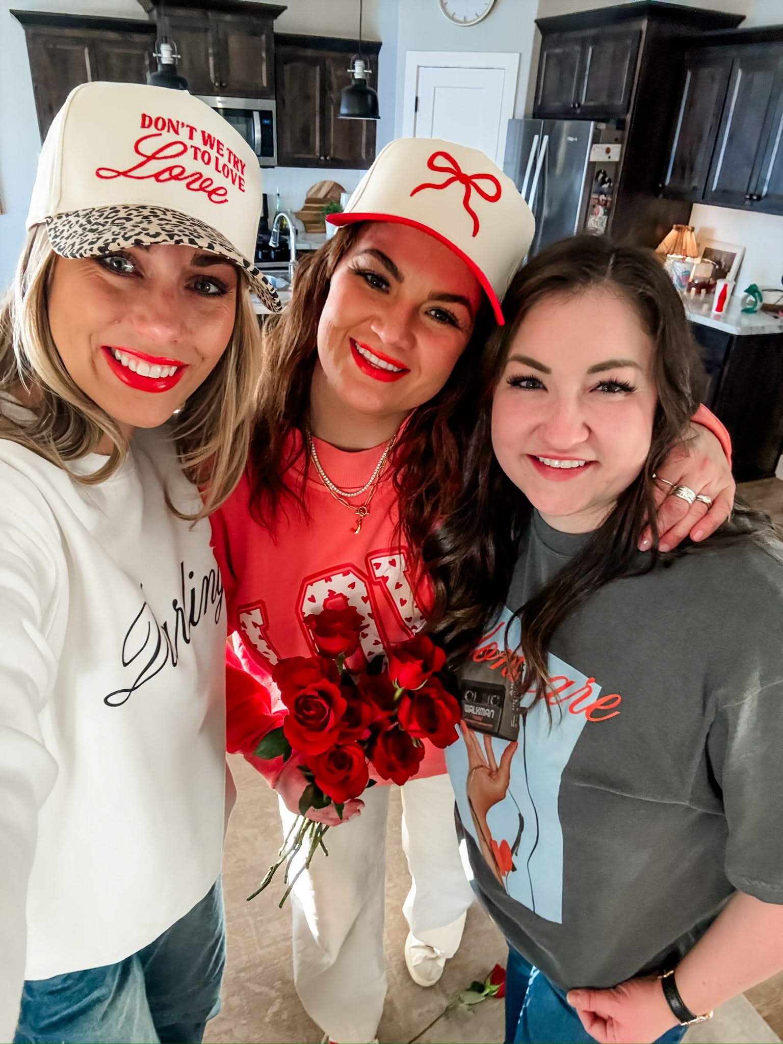 Adult cream and leopard hat with "Don't We Try To Love Love" design embroidered on front, shown on model – Little Mama Shirt Shop