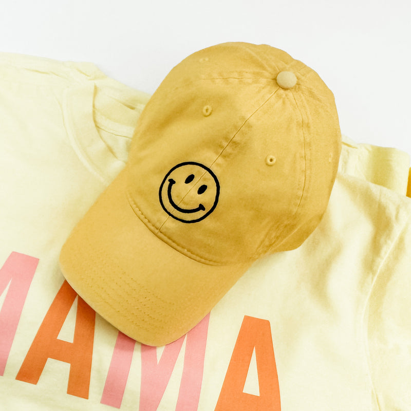 Yellow Baseball Cap with Black Smiley