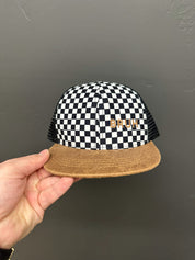 Child hat in brown and checkered with "Bruh" embroidered design, seen on up close photo - Little Mama Shirt Shop
