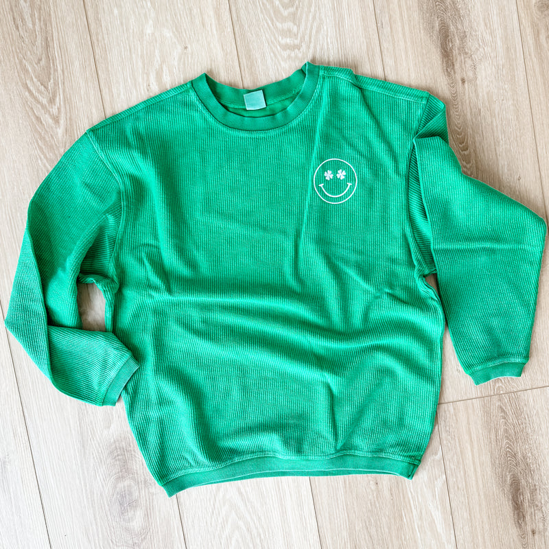 ST PATRICK'S DAY -Shamrock Green Corded Sweatshirt - Lucky Smiley Eyes
