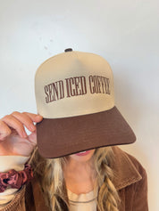 Brown and cream trucker hat with bold brown 'SEND ICED COFFEE' text, seen on model - Little Mama Shirt Shop
