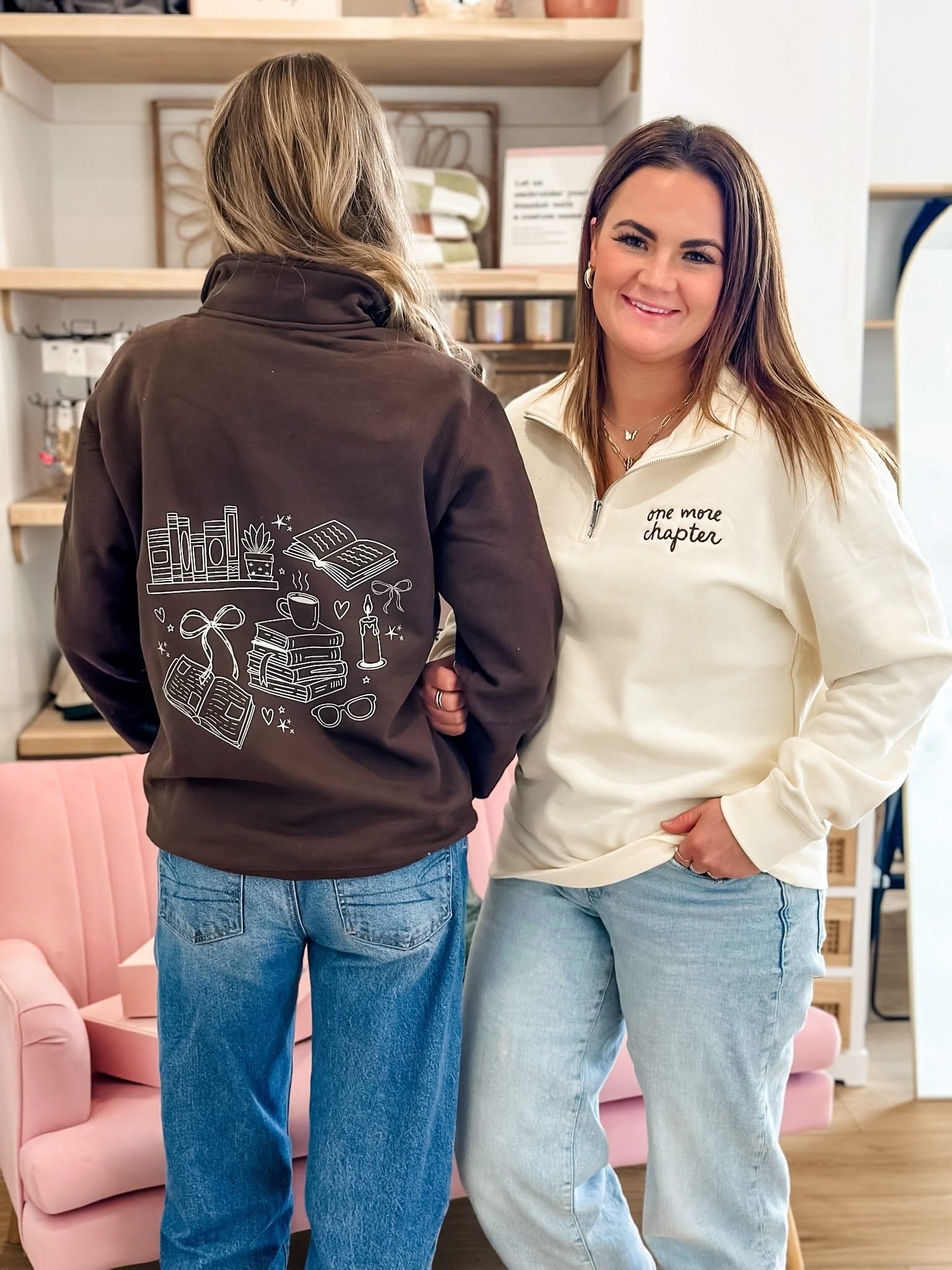 'one more chapter' book quarter zips in brown and bone shown on models – Little Mama Shirt Shop