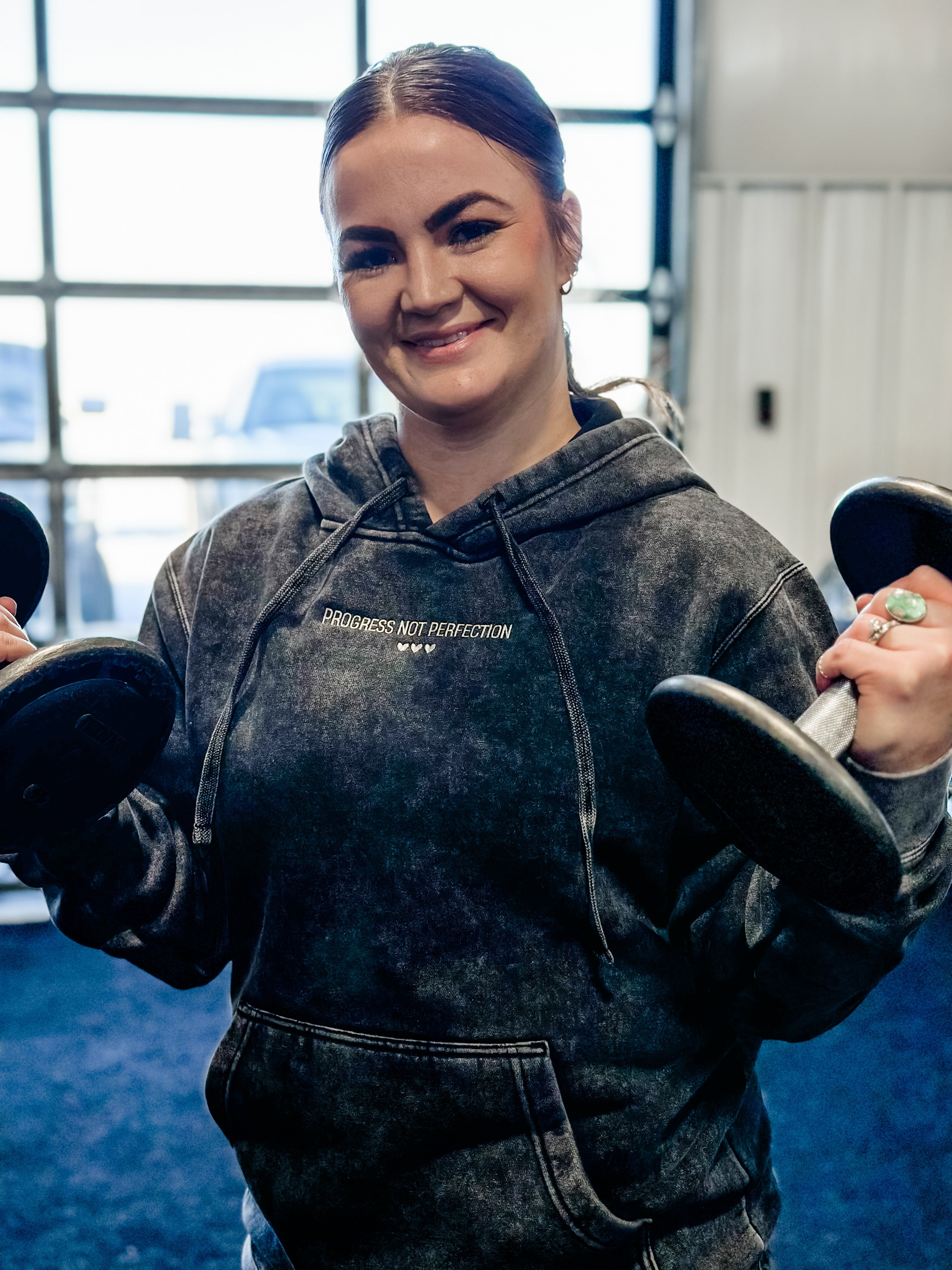 PROGRESS NOT PERFECTION - Embroidered Unisex Mineral Wash HOODIE Little Mama Shirt Shop LLC