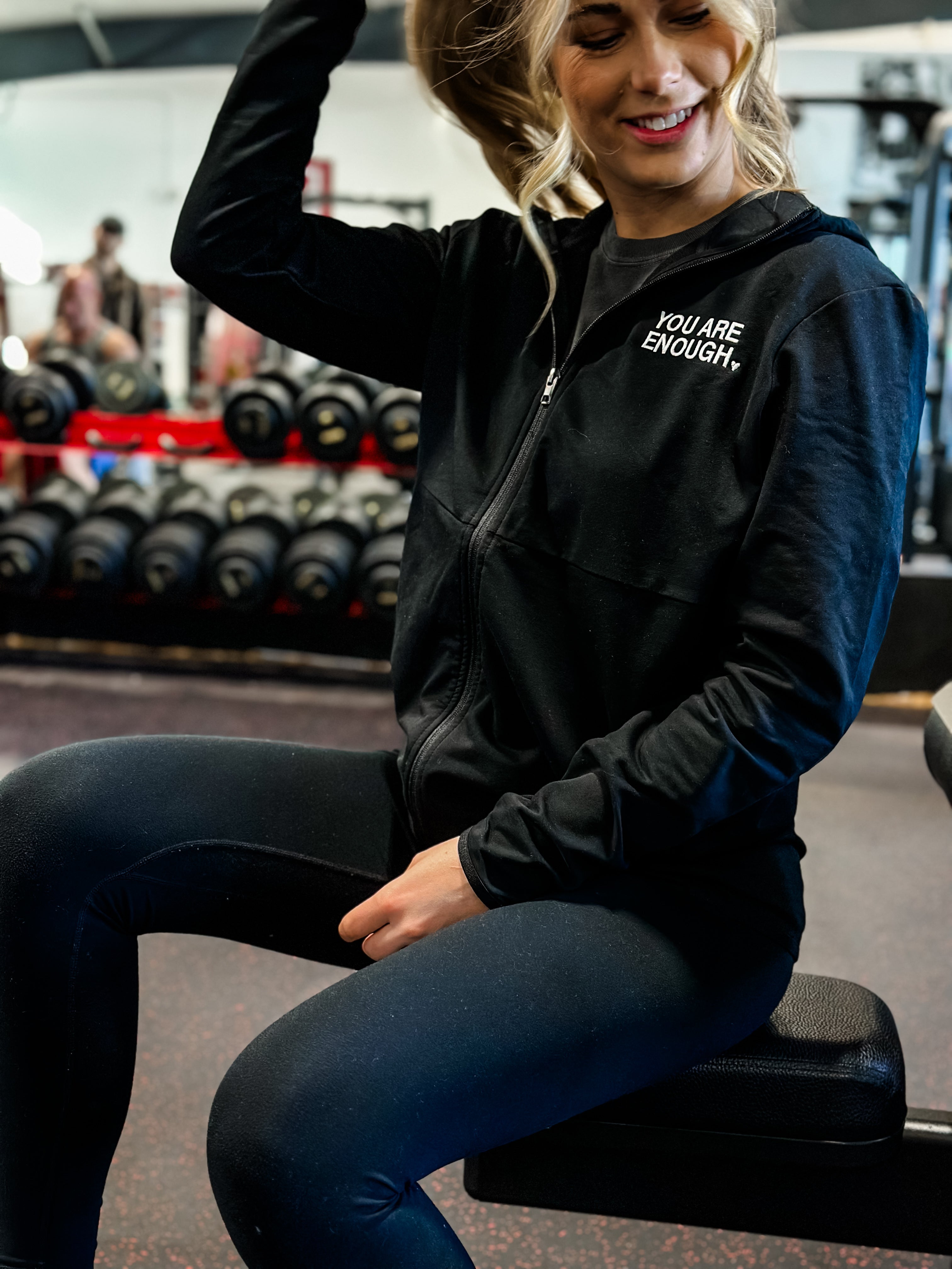 Embroidered Full Zip Performance Hoodie - Black w/ White Thread - You Are Enough Little Mama Shirt Shop LLC
