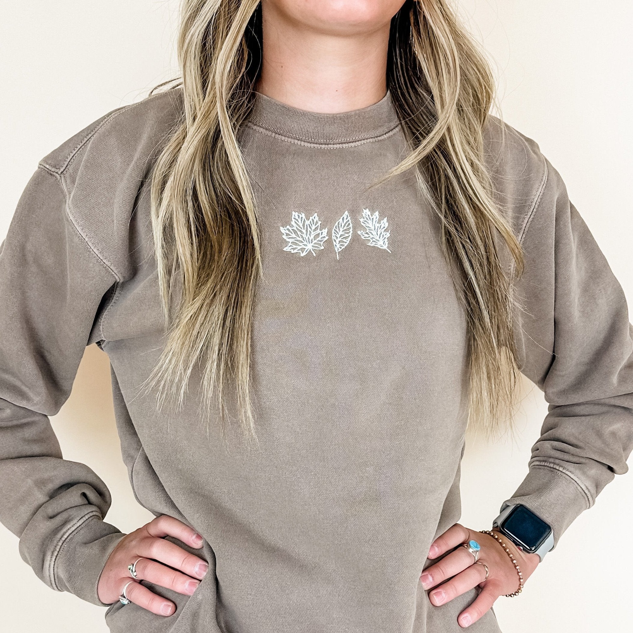 Embroidered PIGMENT Crewneck - Simple Fall Leaves Little Mama Shirt Shop LLC