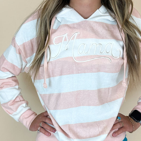 Striped Hoodie - Boxy Fit - Embroidered Mama Script (Cream Thread)