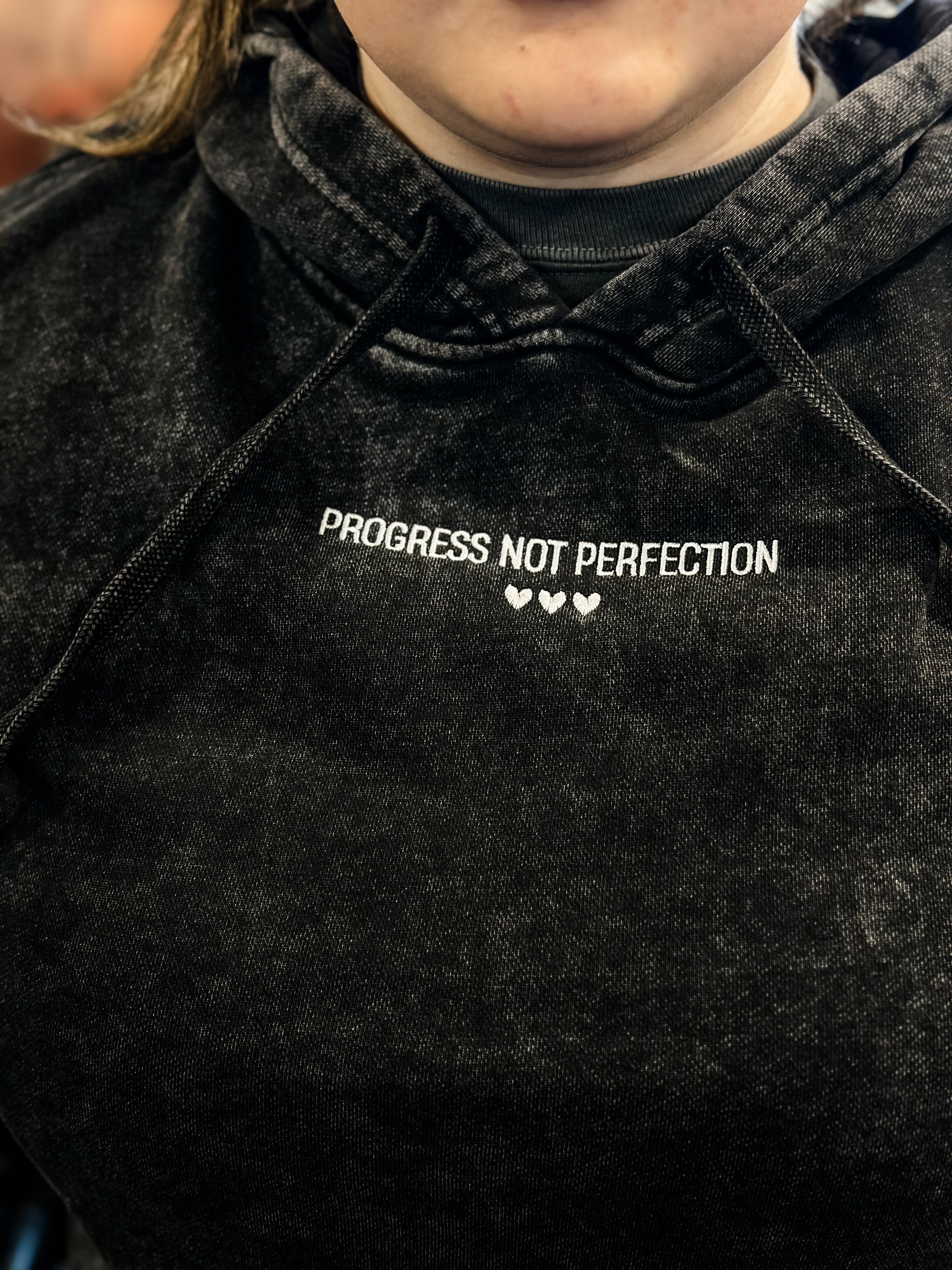 PROGRESS NOT PERFECTION - Embroidered Unisex Mineral Wash HOODIE Little Mama Shirt Shop LLC