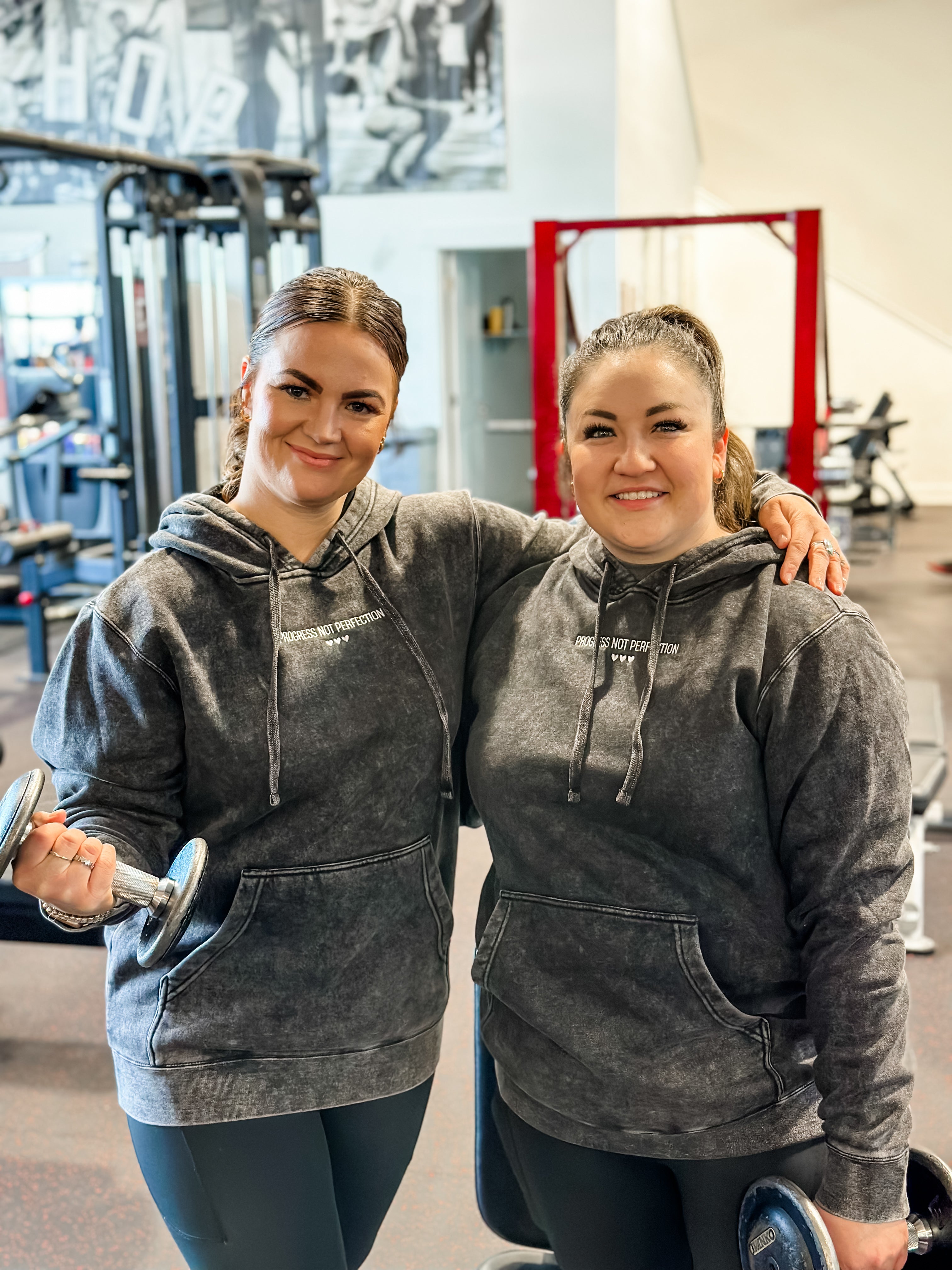 PROGRESS NOT PERFECTION - Embroidered Unisex Mineral Wash HOODIE Little Mama Shirt Shop LLC