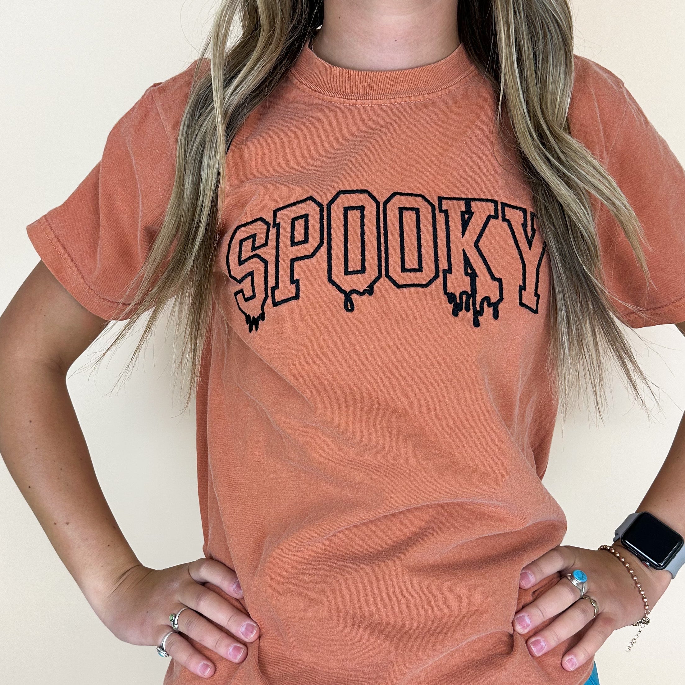 Embroidered Short Sleeve Comfort Colors Tee - Spooky (Dripping) Little Mama Shirt Shop LLC