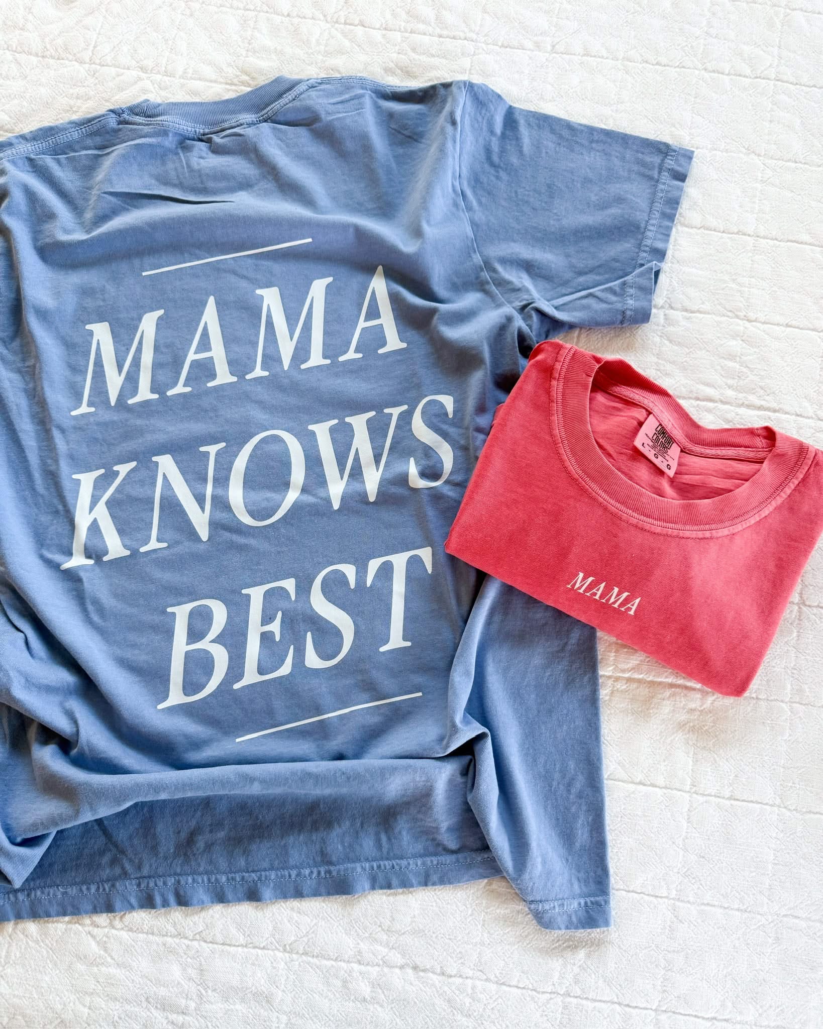 Adult tee in washed denim and watermelon with 'mama' printed on front with 'mama knows best' printed on the back, seen on flat lay - Little Mama Shirt Shop