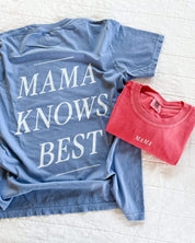 Adult tee in washed denim and watermelon with 'mama' printed on front with 'mama knows best' printed on the back, seen on flat lay - Little Mama Shirt Shop
