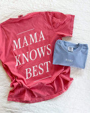 Adult tee in washed denim and watermelon with 'mama' printed on front with 'mama knows best' printed on the back, seen on flat lay - Little Mama Shirt Shop