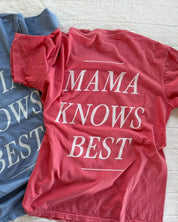 Adult tee in washed denim and watermelon with 'mama knows best' printed on the back, seen on flat lay - Little Mama Shirt Shop