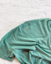 Adult tee in alpine with 'house full, hands full, heart full' printed on the back collar, seen on flat lay - Little Mama Shirt Shop