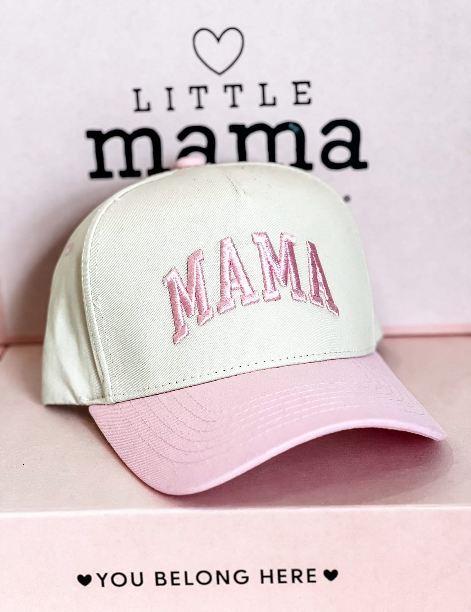 Embroidered Mama Hat | Natural Adjustable Cap with Pink or Blue Bill Little Mama Shirt Shop LLC