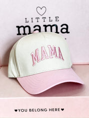 Embroidered Mama Hat | Natural Adjustable Cap with Pink or Blue Bill Little Mama Shirt Shop LLC