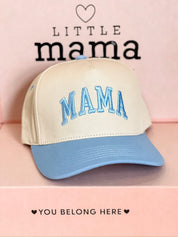 Embroidered Mama Hat | Natural Adjustable Cap with Pink or Blue Bill Little Mama Shirt Shop LLC