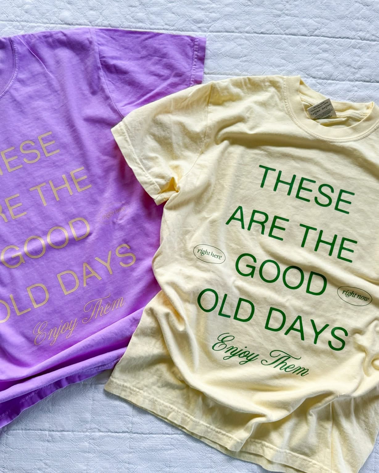 Adult CC Tee in butter and purple with 'these are the good old days'  printed on the front, seen on flat lay - Little Mama Shirt Shop