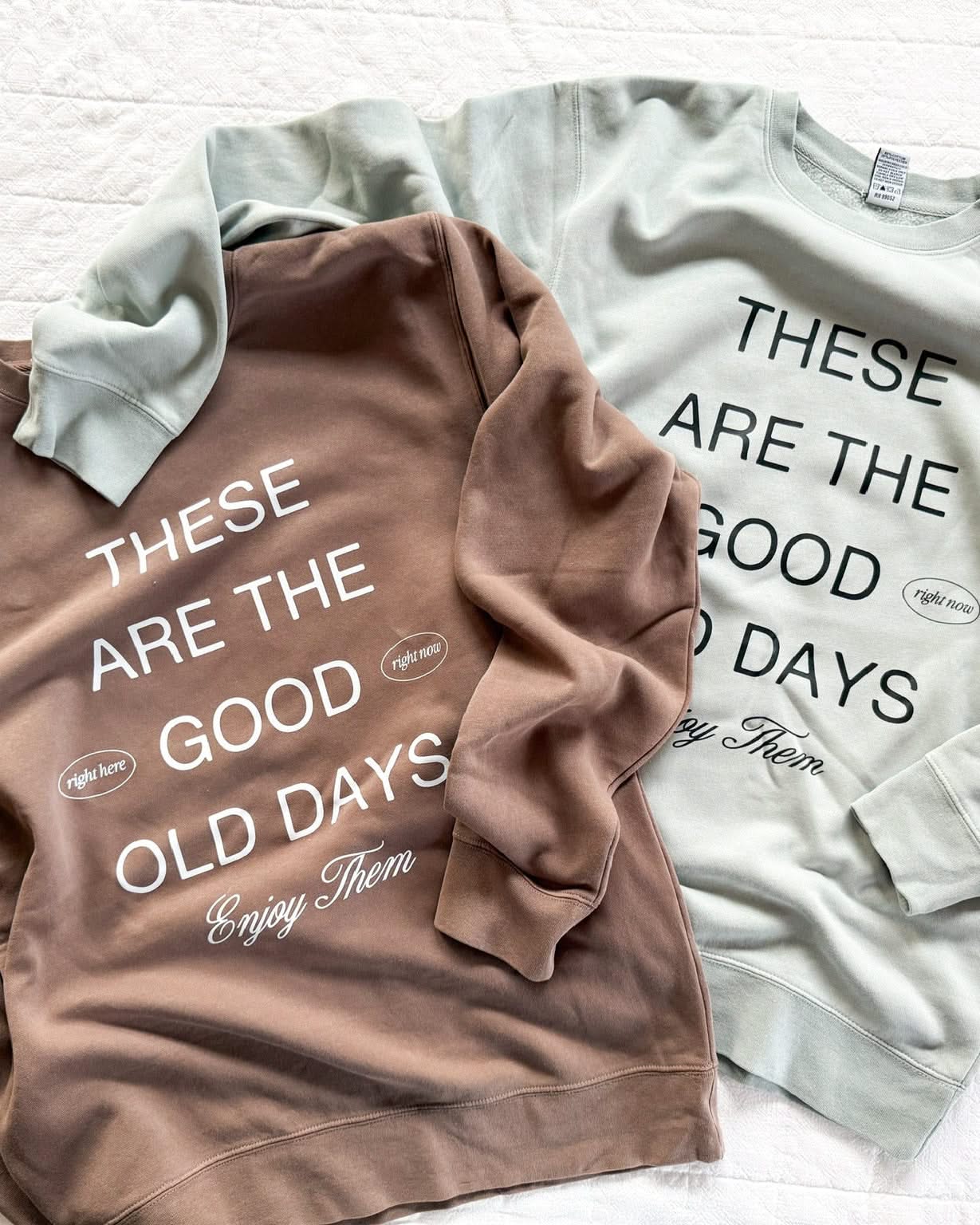 Adult pigment crewneck in brown and sage with 'these are the good old days'  printed on the front, seen on flat lay - Little Mama Shirt Shop