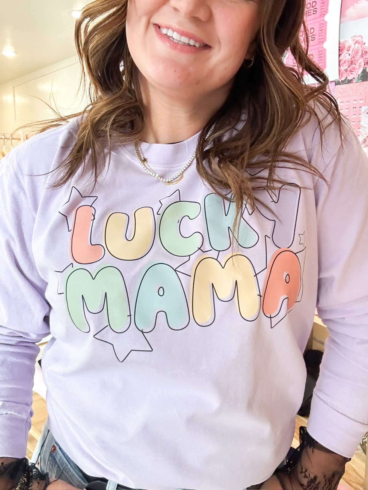 Bubble Letters & Stars Lucky Mama - Long Sleeve Comfort Colors Tee Little Mama Shirt Shop