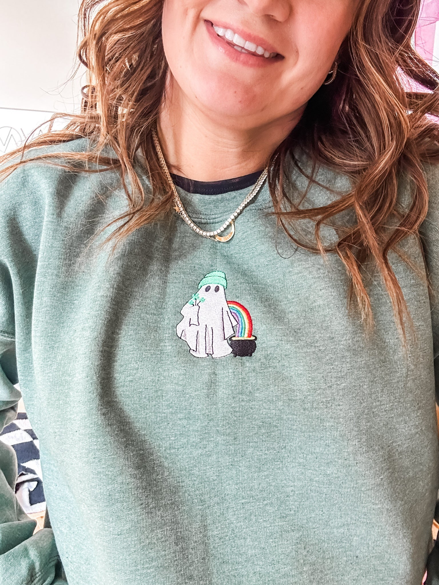 Embroidered BASIC Fleece - Ghost & Rainbow w/ Pot Of Gold Little Mama Shirt Shop LLC