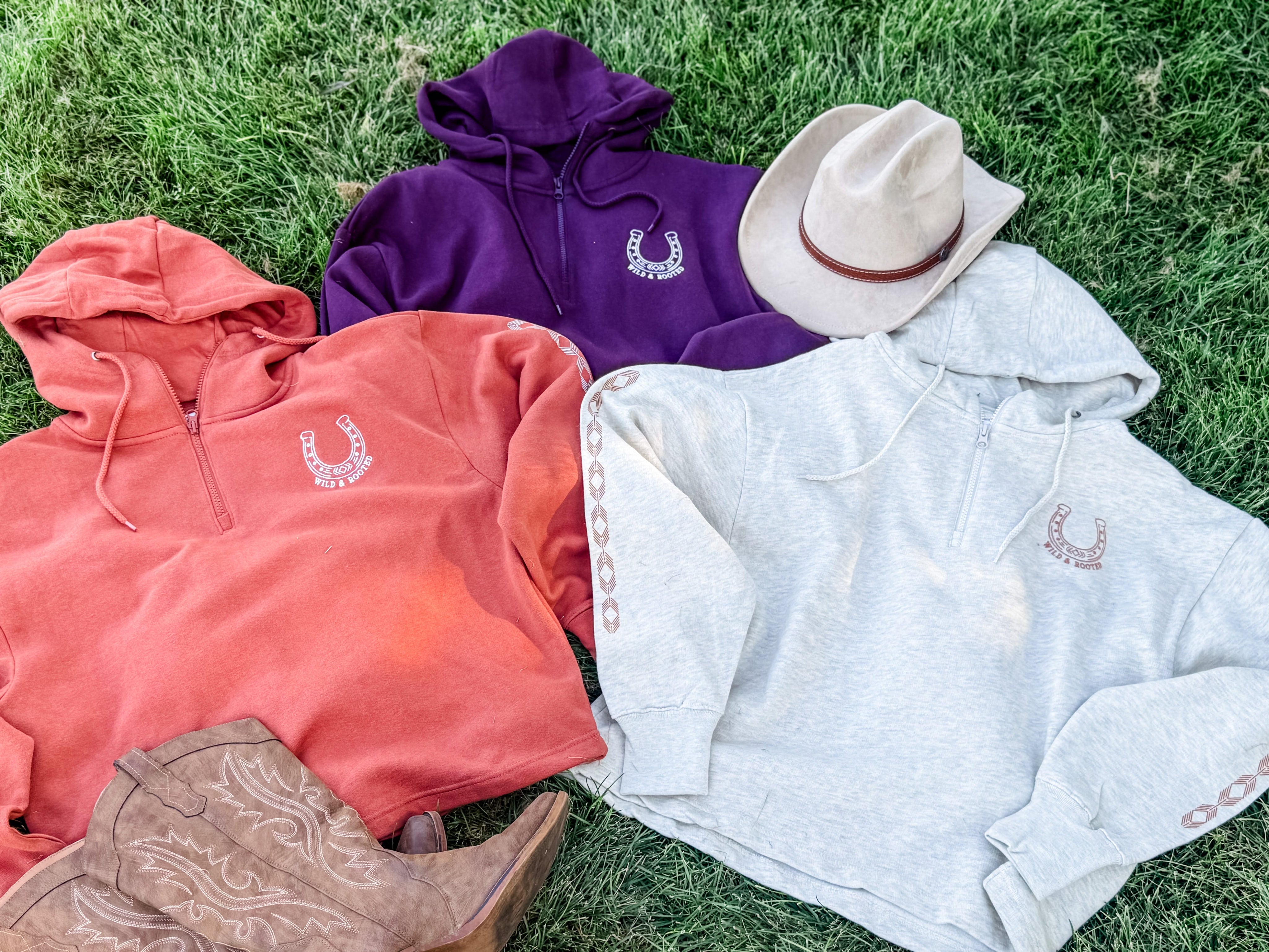 Wild and Rooted Embroidered Quarter-Zip | Adult Boxy Hooded Sweatshirt | Western Fall Little Mama Shirt Shop LLC