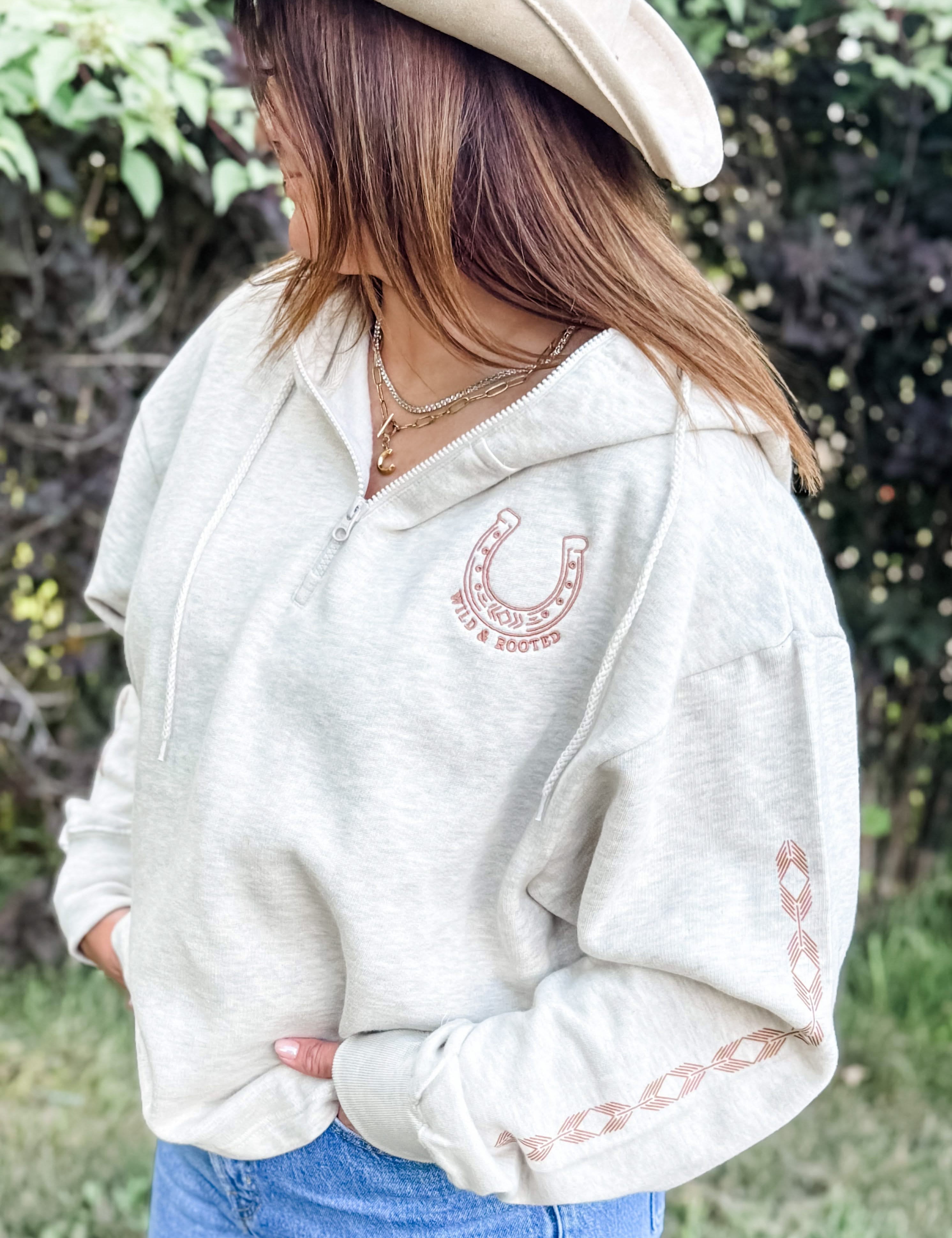 Wild and Rooted Embroidered Quarter-Zip | Adult Boxy Hooded Sweatshirt | Western Fall Little Mama Shirt Shop LLC