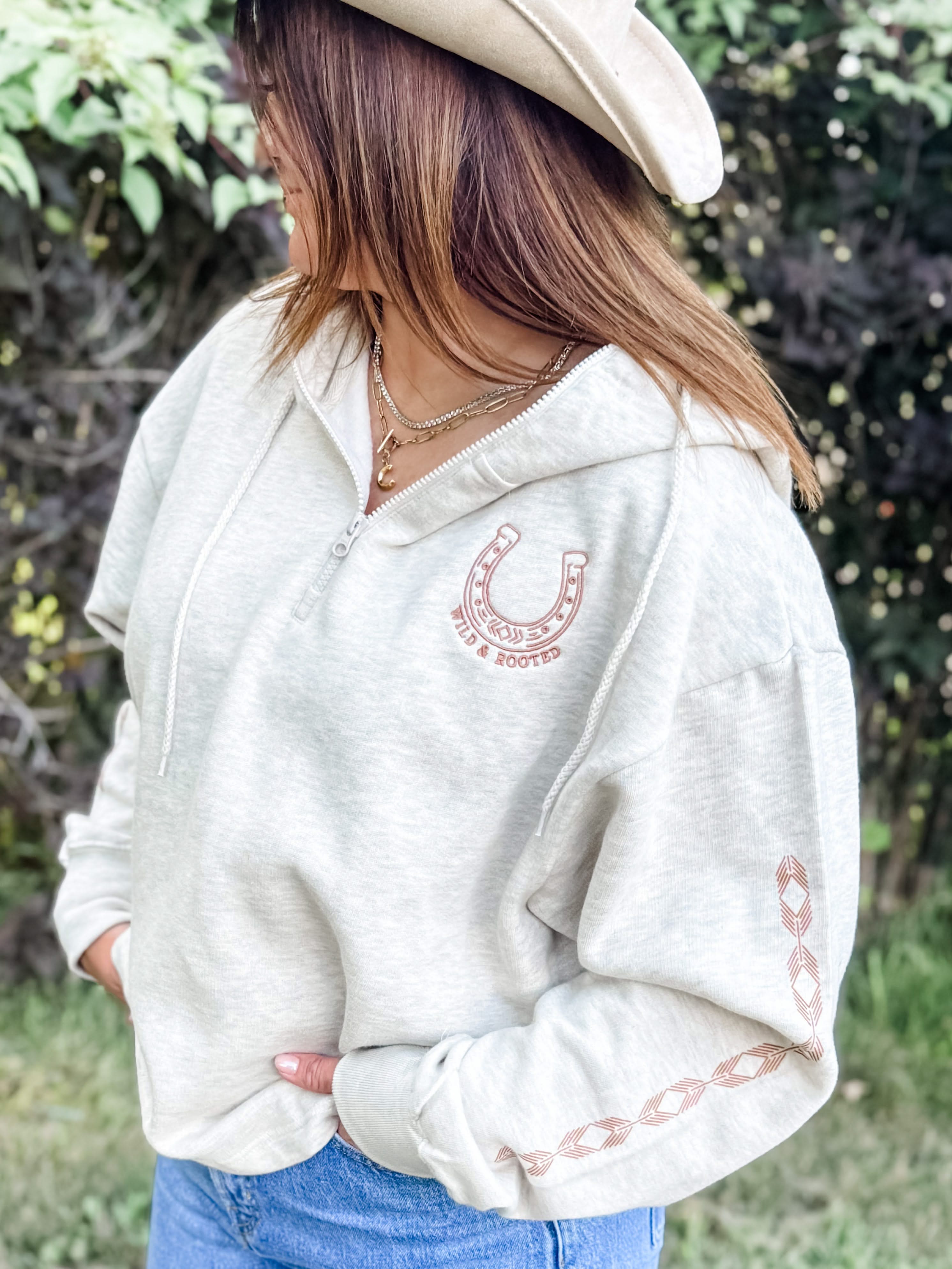 Wild and Rooted Embroidered Quarter-Zip | Adult Boxy Hooded Sweatshirt | Western Fall Little Mama Shirt Shop LLC