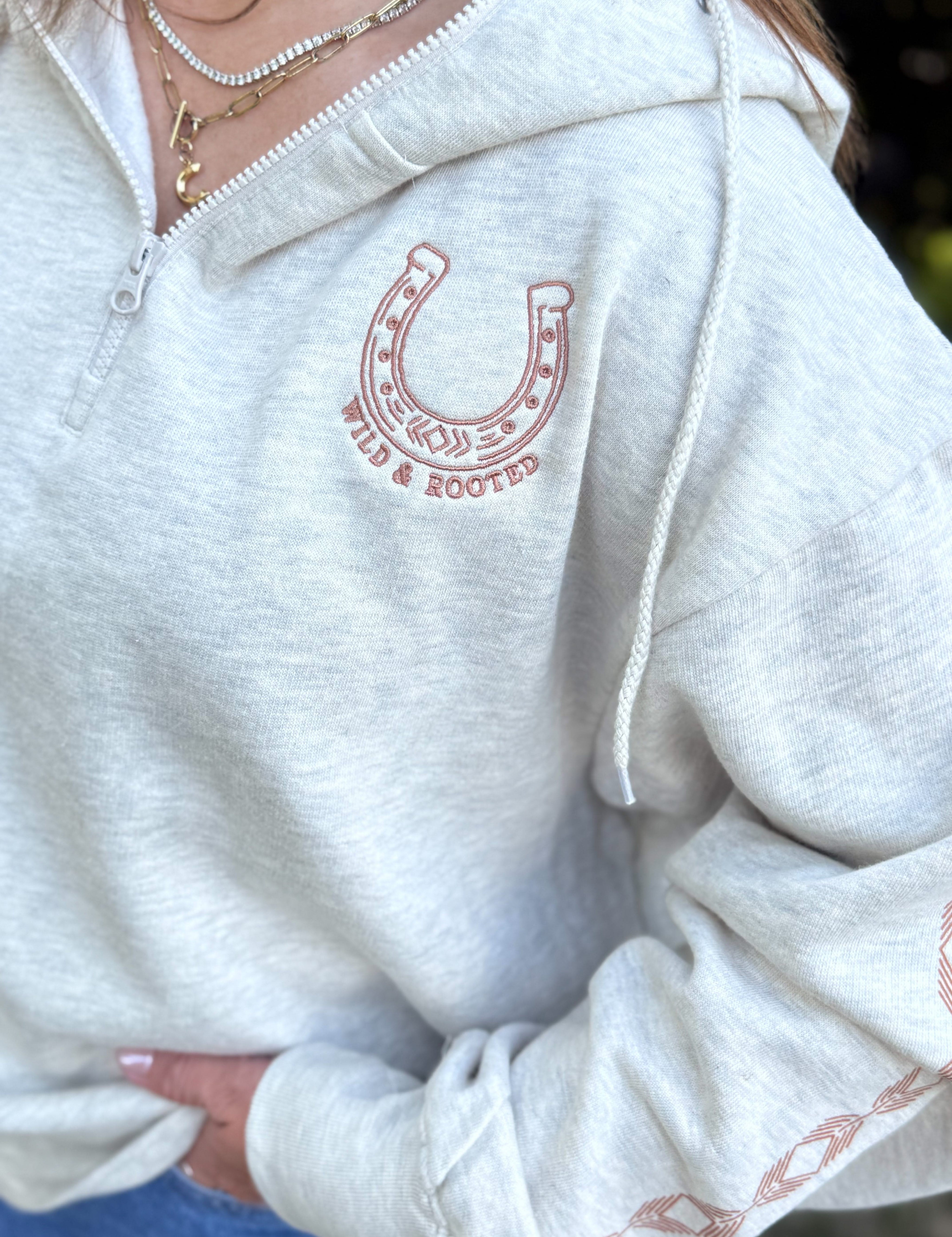 Wild and Rooted Embroidered Quarter-Zip | Adult Boxy Hooded Sweatshirt | Western Fall Little Mama Shirt Shop LLC