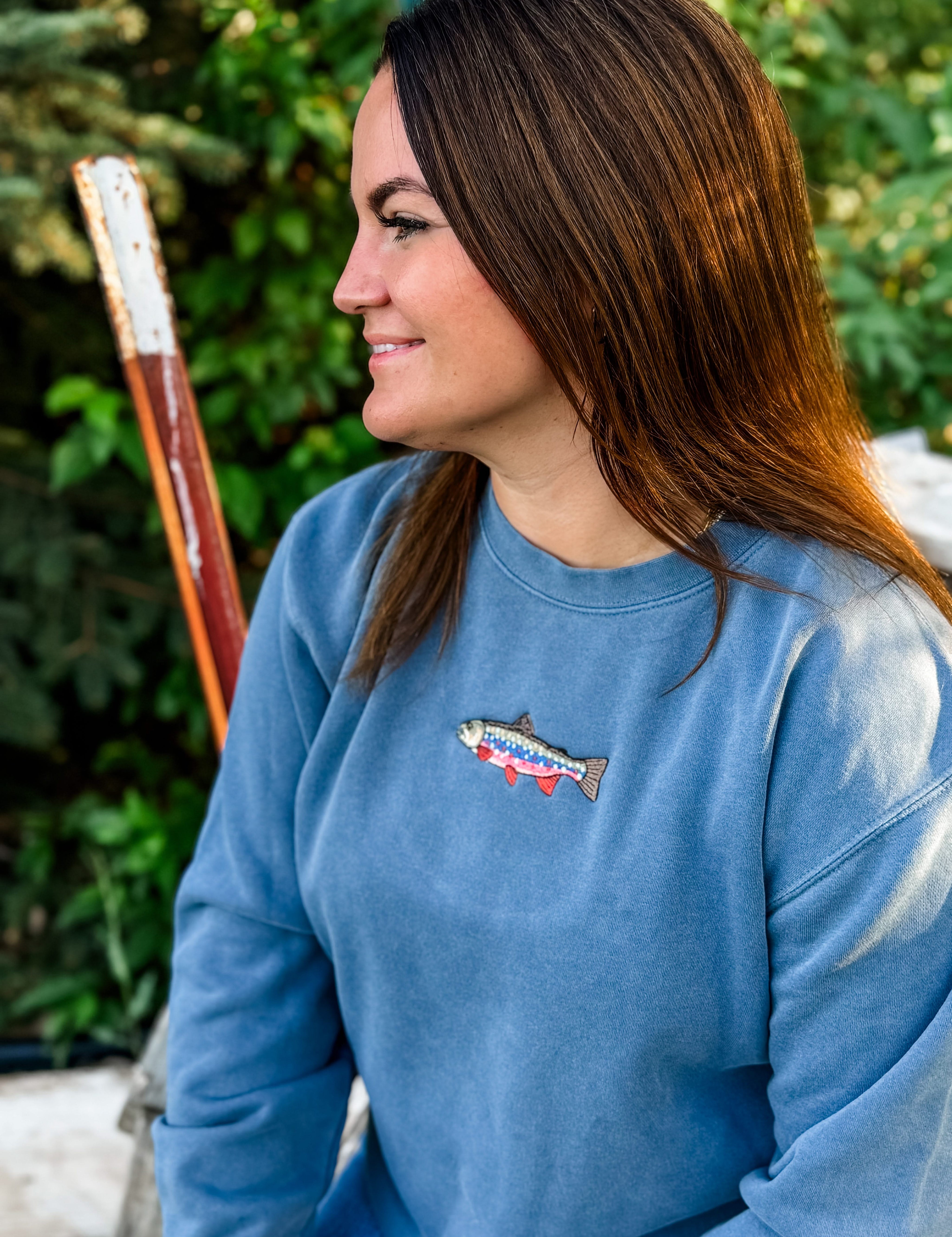Brook Trout Embroidered | Adult Pigment-Dyed Crewneck | Fishing Sweatshirt Little Mama Shirt Shop LLC