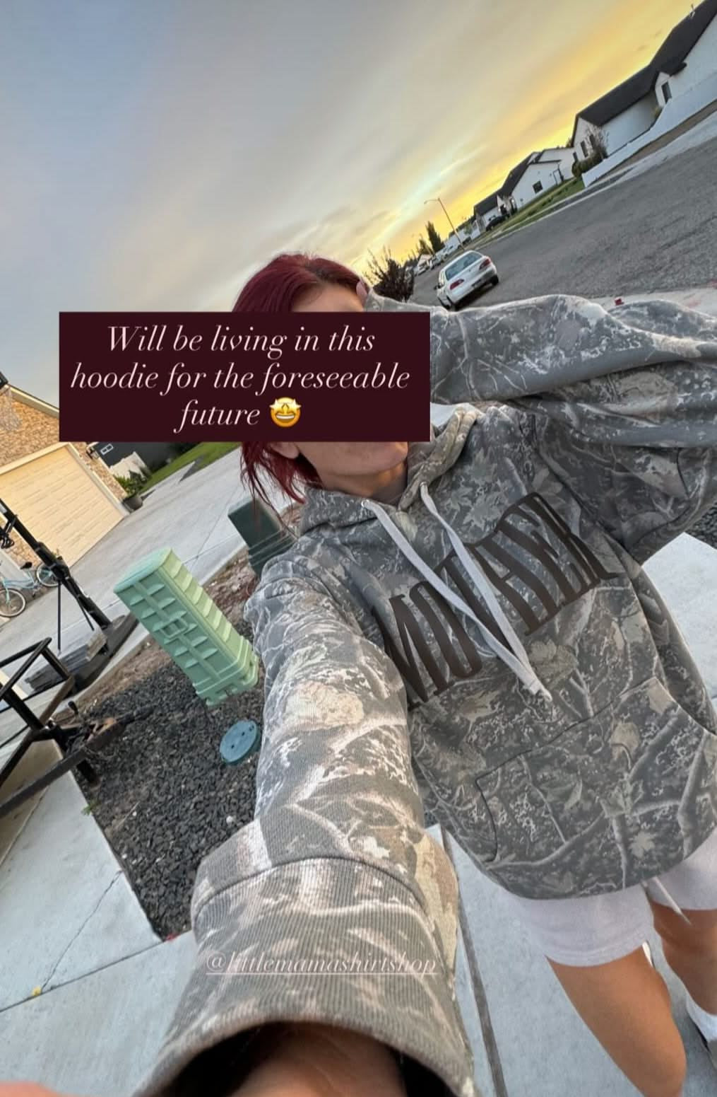 Hoodie in camo with puff print 'mother' on chest, customer photo – Little Mama Shirt Shop