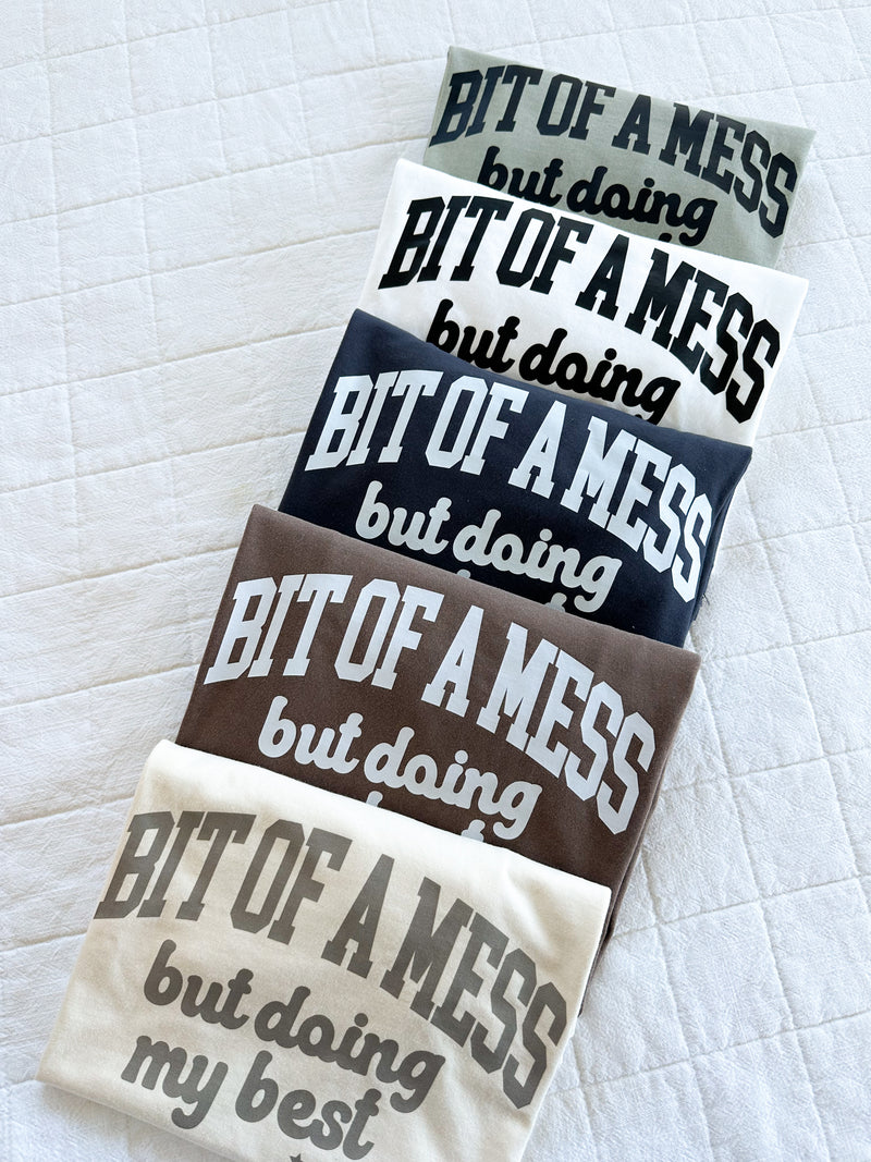 BIT OF A MESS (BUT DOING MY BEST / Mama on Sleeve) - Neutrals - LMSS® EXCLUSIVE - Short Sleeve Comfort Colors Tee