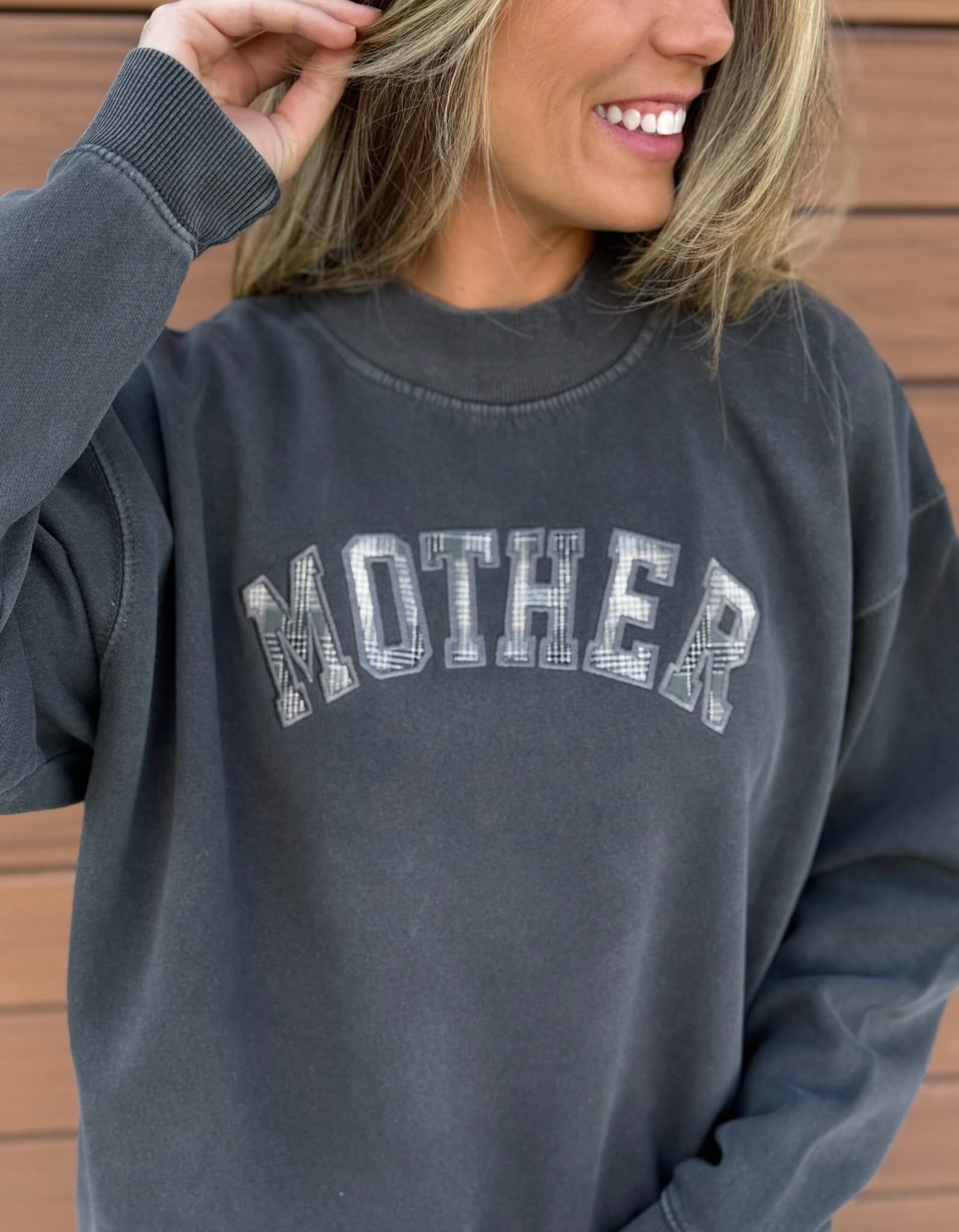 'Mother' Mock-neck | Sage Plaid Applique Embroidery | Fall Sweater Little Mama Shirt Shop LLC