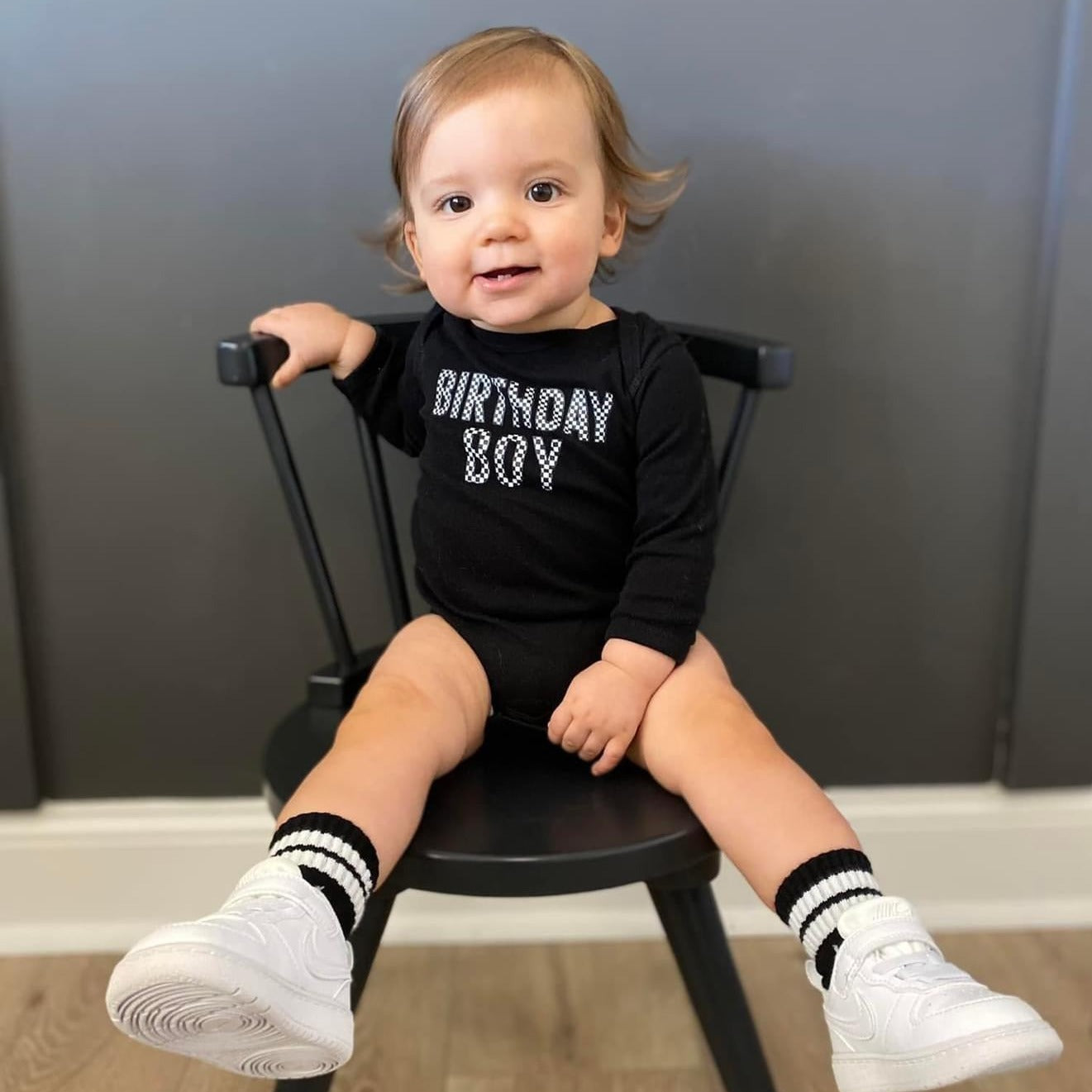 BIRTHDAY BOY - BLOCK FONT CHECKERS - Long Sleeve Child Shirt Little Mama Shirt Shop