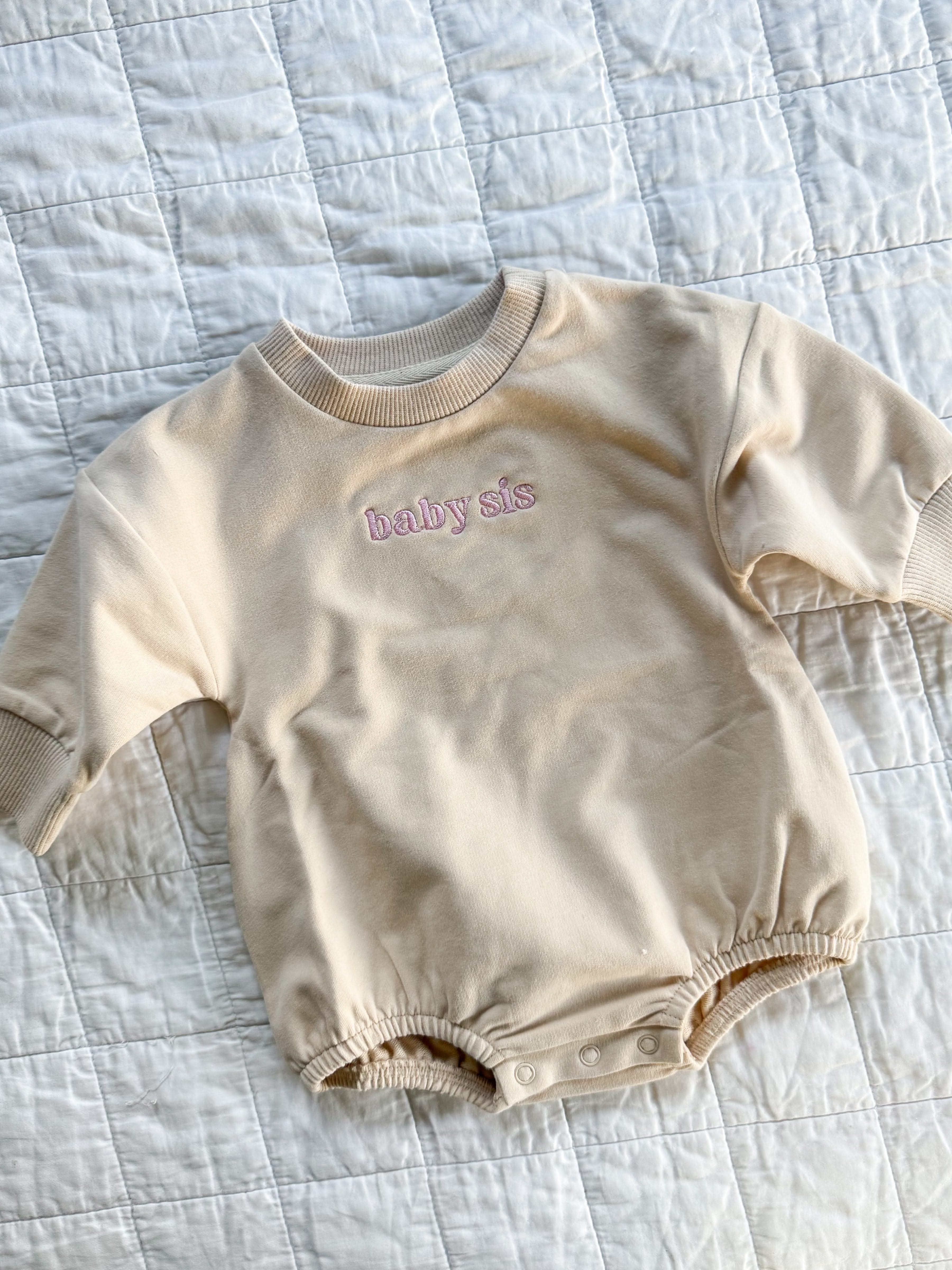 Baby Sis / Baby Bro – Embroidered Cream Bubble Romper | Pink or Blue Thread Little Mama Shirt Shop LLC