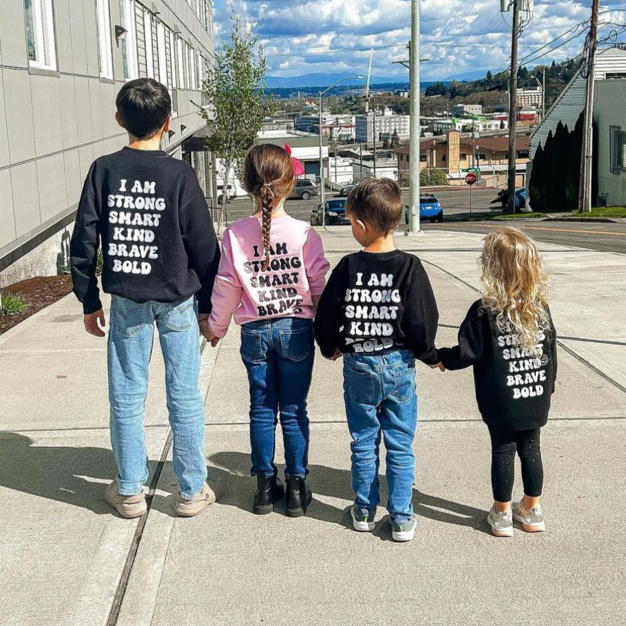 Big Yellow Checker Smiley - I am Strong Smart Kind Brave Bold (f & b) - Child Sweater Little Mama Shirt Shop