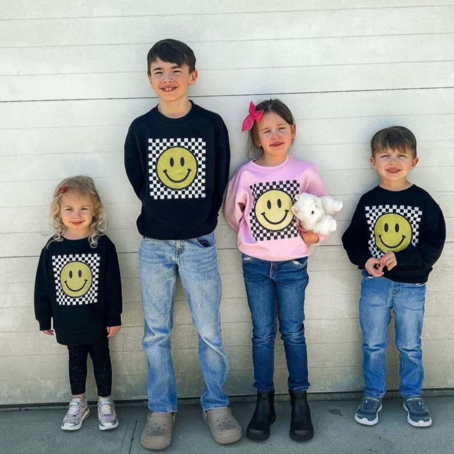 Big Yellow Checker Smiley - I am Strong Smart Kind Brave Bold (f & b) - Child Sweater Little Mama Shirt Shop