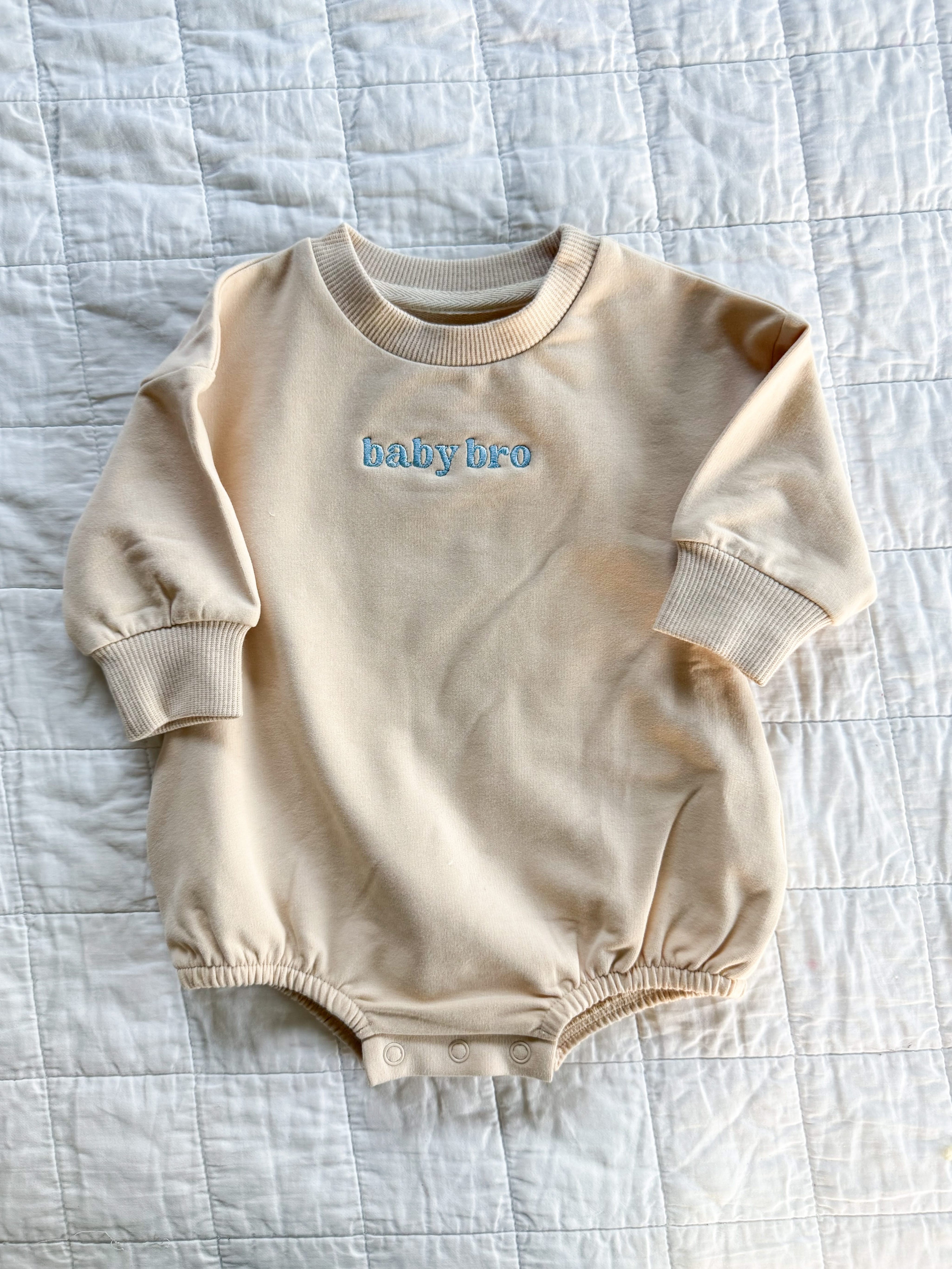 Baby Sis / Baby Bro – Embroidered Cream Bubble Romper | Pink or Blue Thread Little Mama Shirt Shop LLC
