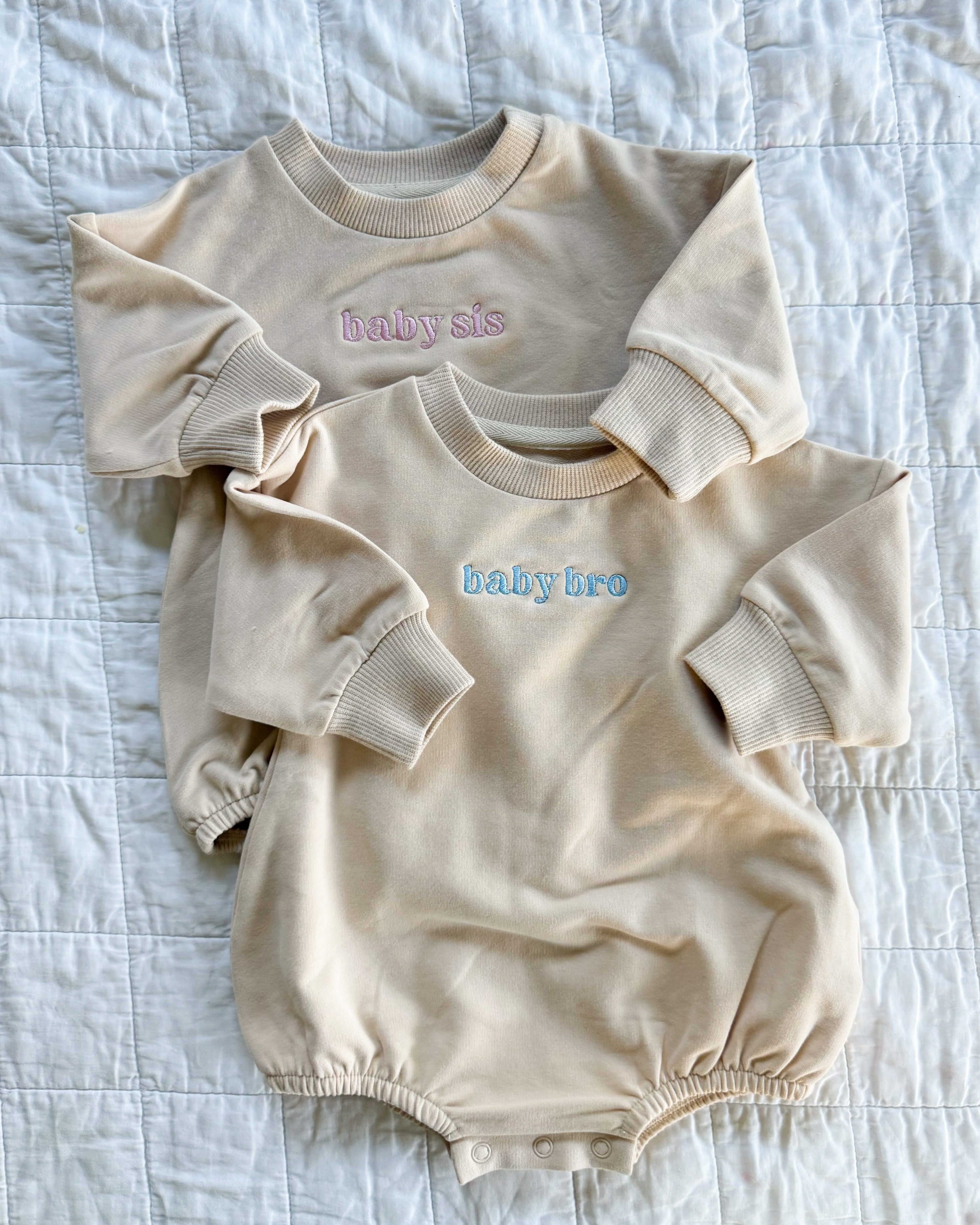  Baby Bro – Embroidered Cream Bubble Romper | Pink or Blue Thread Little Mama Shirt Shop LLC