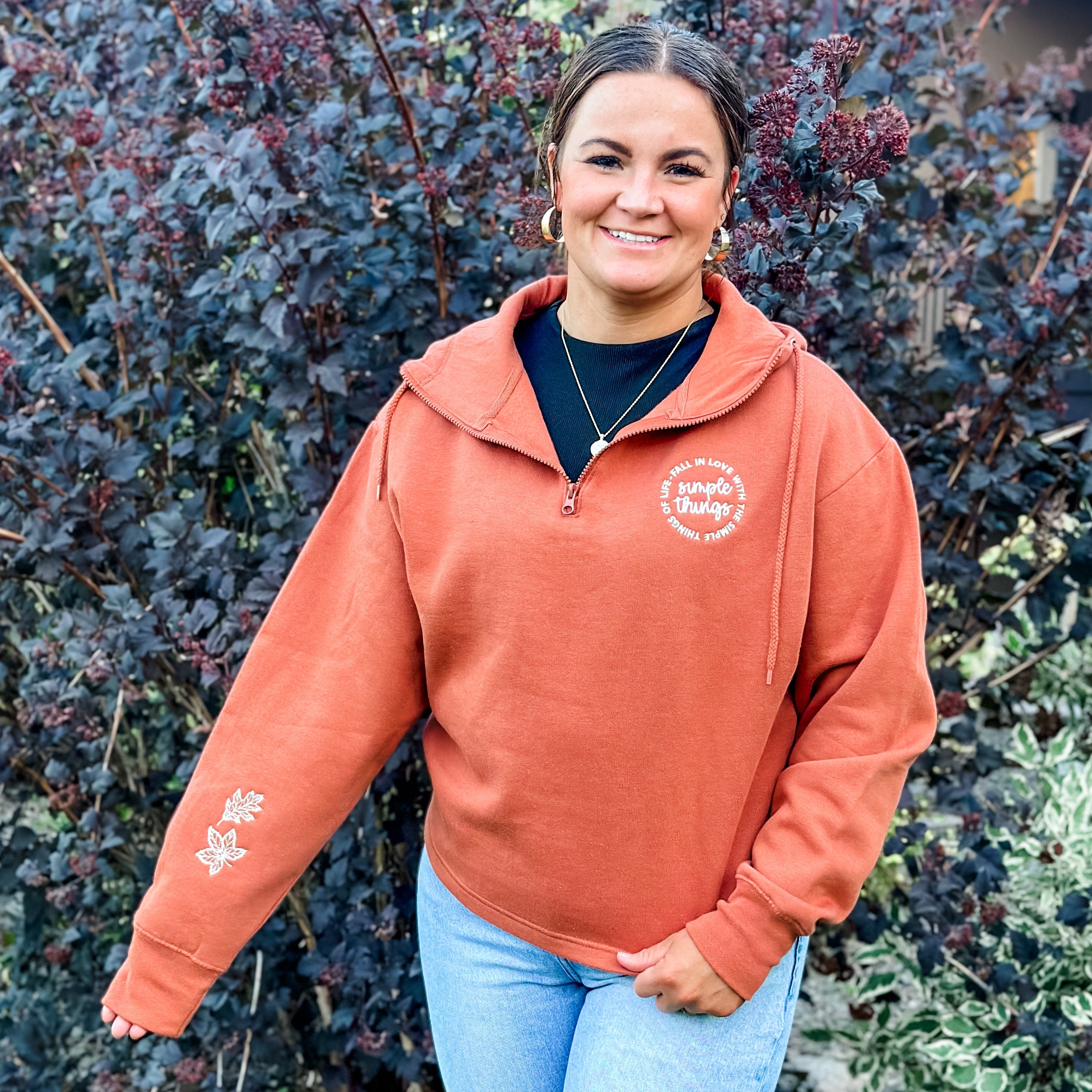 Copper Quarter Zip Fleece - Fall in Love with the Simple Things -  (Leaves on sleeve) Little Mama Shirt Shop LLC