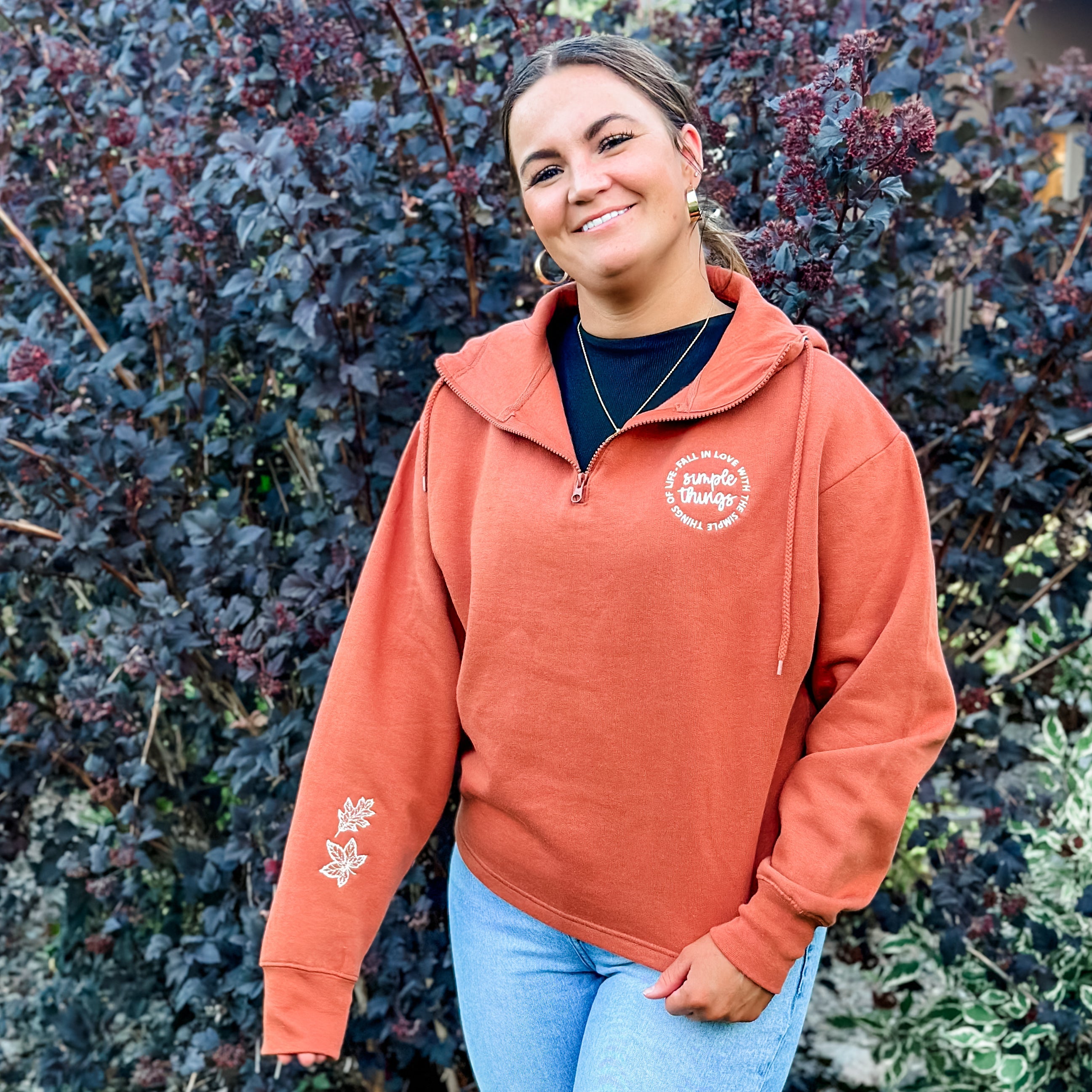 Copper Quarter Zip Fleece - Fall in Love with the Simple Things -  (Leaves on sleeve) Little Mama Shirt Shop LLC