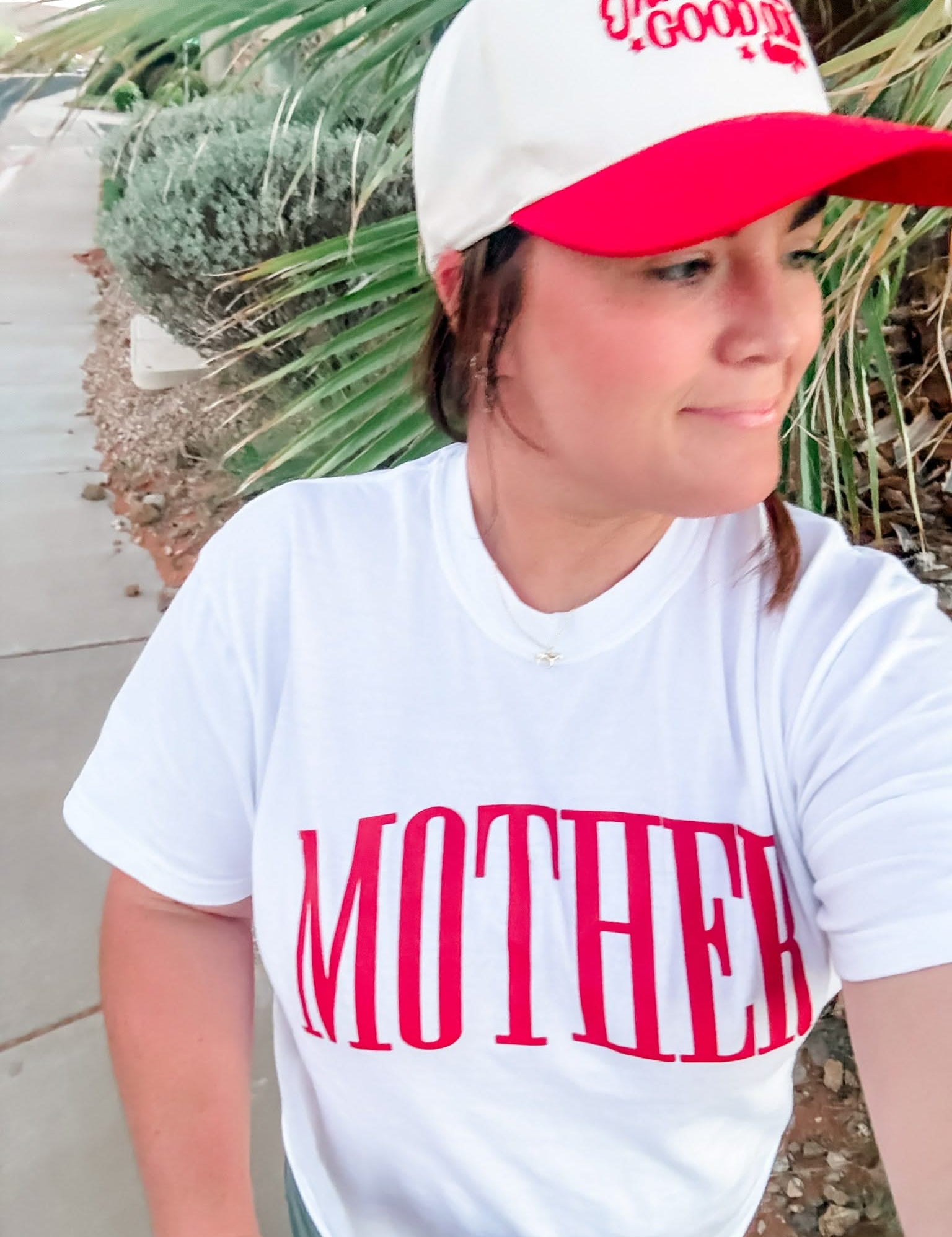 White adult comfort colors tee with red 'mother' puff print across the front, seen on model - Little Mama Shirt Shop