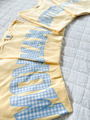 MOM/MAMA/MOTHER/MOM ERA - Blue Gingham Print - Butter Yellow Comfort Colors Tee Little Mama Shirt Shop LLC