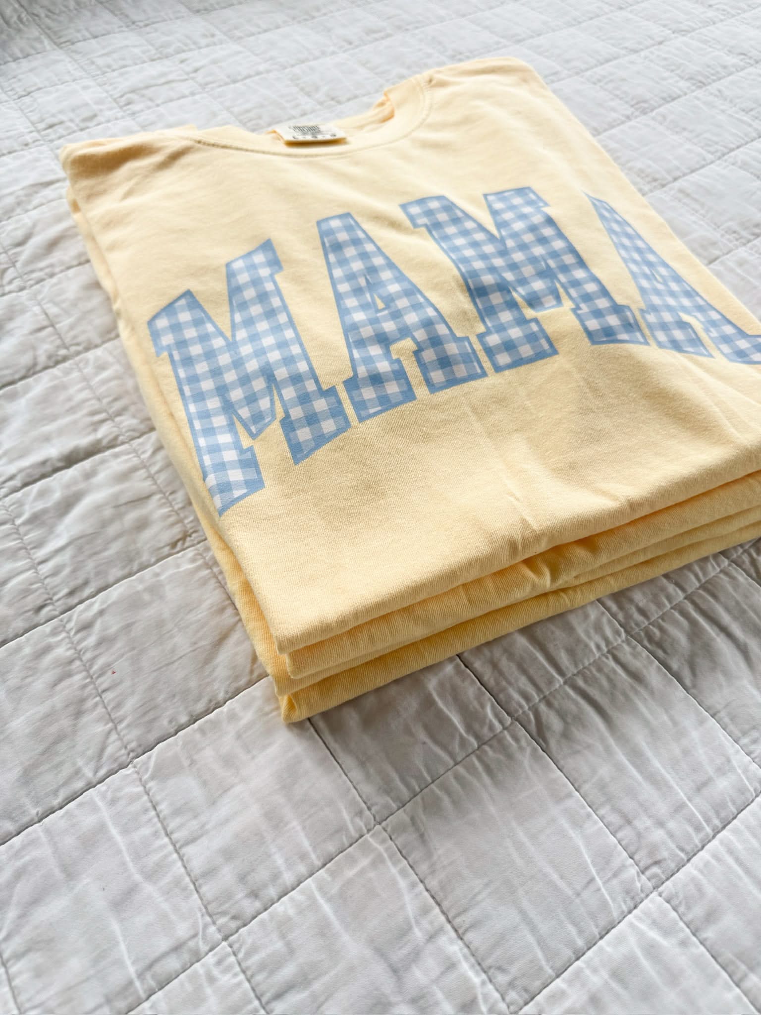 MOM/MAMA/MOTHER/MOM ERA - Blue Gingham Print - Butter Yellow Comfort Colors Tee Little Mama Shirt Shop LLC